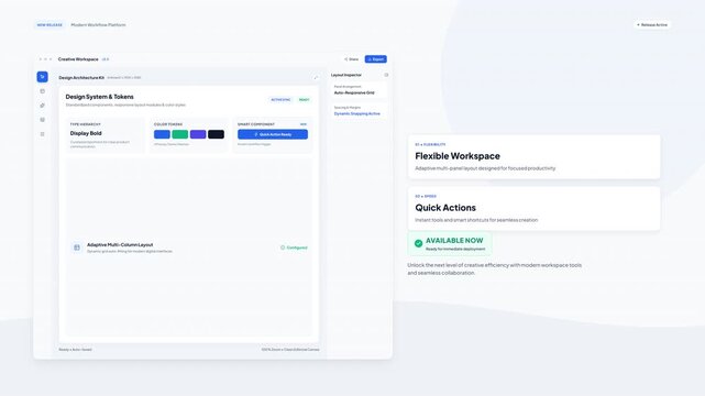 Clean minimalist interface design software dashboard screen showcasing modular UI components and technical layout tools for digital product development projects