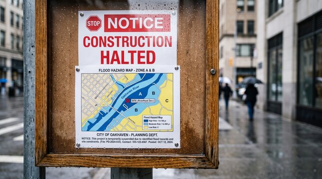 Construction Halted Notice for Riverfront Development Due to Identified Flood Hazards and Zone Constraints