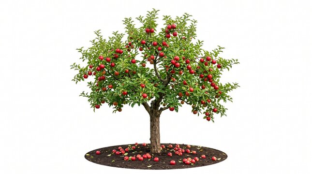 Red apple tree with fallen fruit on white background