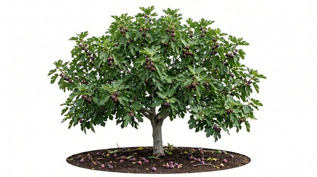 Ripe fig tree with fallen fruits on white background