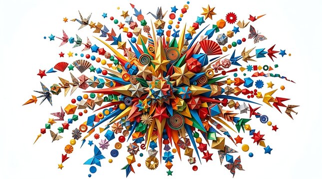 A vibrant and dynamic explosion of colorful shapes and objects on a white background