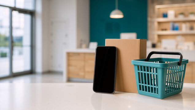 Smartphone mockup with a cardboard box and shopping basket on a white counter. Online shopping and e-commerce concept. Mobile delivery application template
