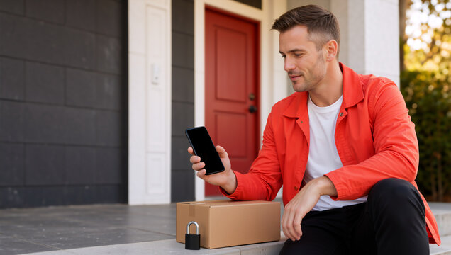Man holding blank smartphone next to a delivery box with a padlock on front porch. Secure package shipping and smart home security concept