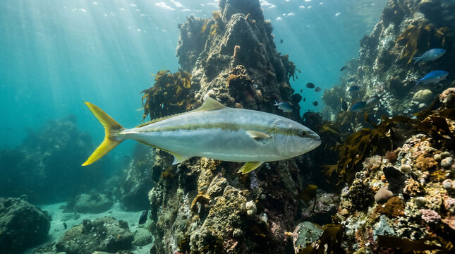 Yellowtail Kingfish swimming gracefully through a vibrant rocky underwater reef habitat with soft sunlight filtering down into the ocean depths