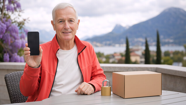 Smiling senior man holding a smartphone next to a padlock and cardboard box on an outdoor terrace. Secure delivery and mobile tracking concept