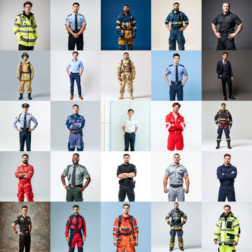 Diverse collage of adult men from around the world wearing different professional uniforms and work attire. The composition highlights the variety of occupations.