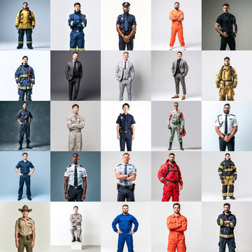 Diverse collage of adult men from around the world wearing different professional uniforms and work attire. The composition highlights the variety of occupations.