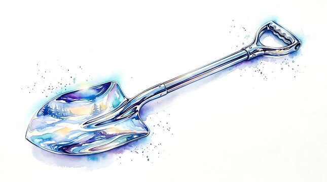 A shiny metal shovel with a colorful abstract design on a white background
