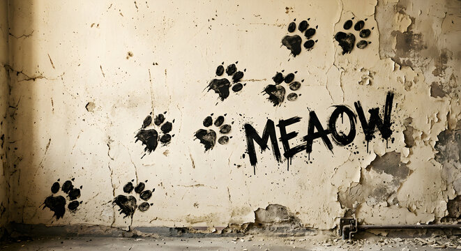 
A textured, aged wall featuring a trail of three-dimensional cat paw prints leading towards the hand-written word "Meaow" in a distressed black font. 