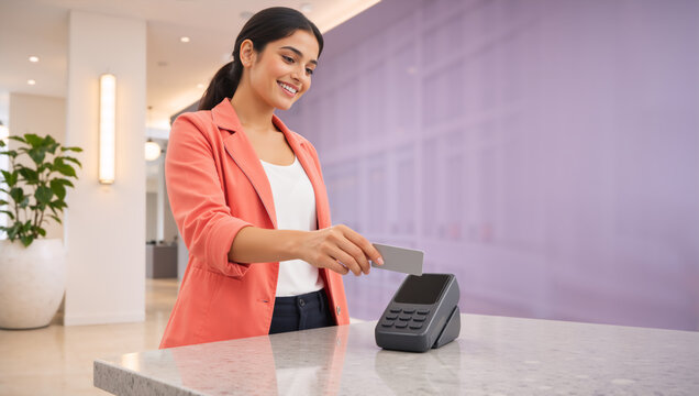 Smiling young woman making contactless payment with card at terminal. Female customer paying at counter in modern lobby