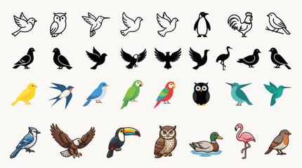 Obraz premium Set of black and color high quality icons and illustrations of birds. Birds vector and icon collection. Modern simple birds in different styles and perspectives. Vector illustration. No texts.