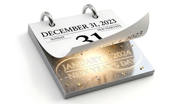 A calendar flipping to January 1st, marking the beginning of a new year.