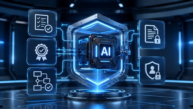 Certified Artificial Intelligence Security Shield With Data Protection And Compliance Icons