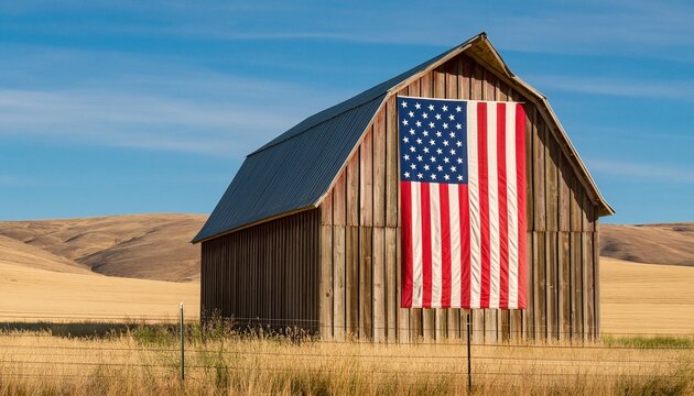 Barn with american flag on rustic wooden farm in rural country landscape under sky