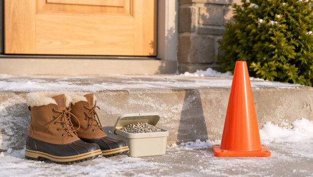 Winter safety preparation on concrete steps. Boots with de-icing salt and orange traffic cone near front door