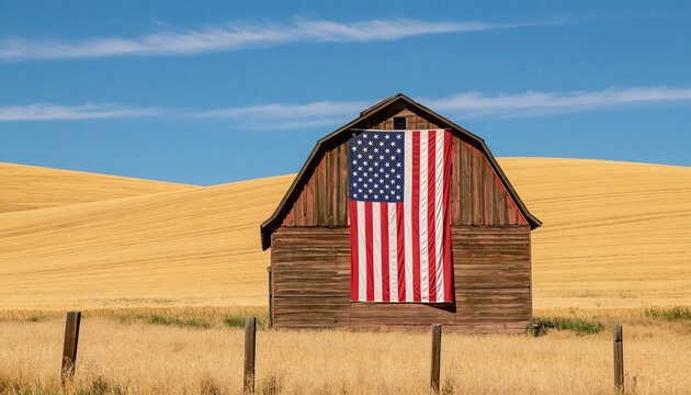 Barn with american flag in a rural wheat field for patriotic agriculture farm life