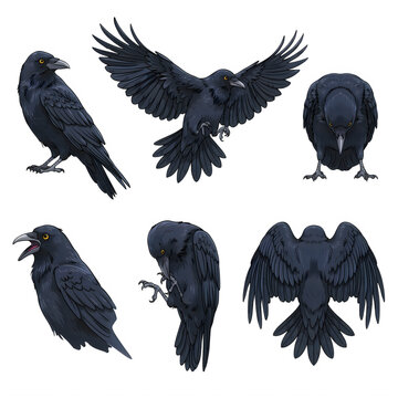 Six black ravens posing in different natural stances with detailed feathers isolated on transparent background