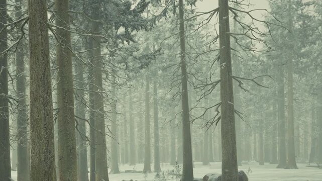 Tall trees fill the scene in a snowy forest. The ground is covered in snow. Mist surrounds the trees, creating a quiet and cool atmosphere. The setting shows the beauty of winter.