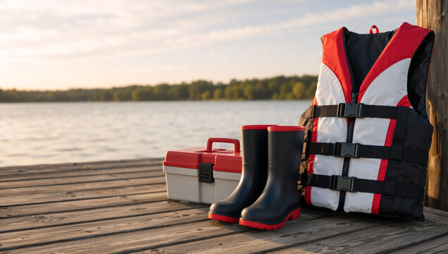 Fishing and boating gear on a wooden dock by the lake. Life jacket, rubber boots, and tackle box on a pier. Outdoor recreation and water safety concept
