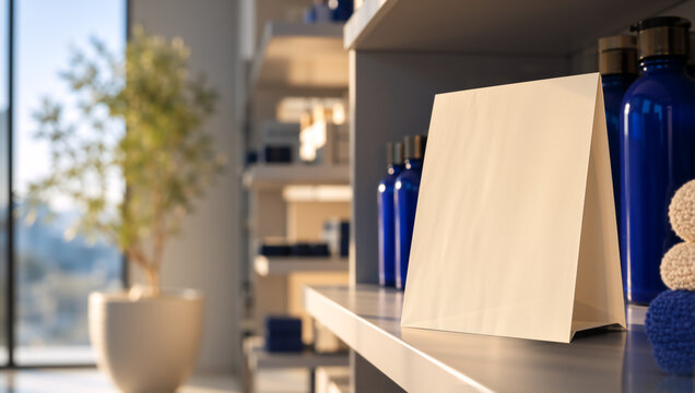 Blank table tent card mockup on a shelf in a modern spa. Cream paper sign template with blue cosmetic bottles in the background. Copy space for text