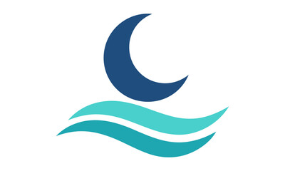 Naklejka premium Stylized crescent moon floating above smooth blue ocean waves with clean geometric shapes isolated on a white background, minimalist nature concept