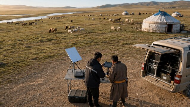 Field technicians working near yurts and livestock on the Mongolian steppe