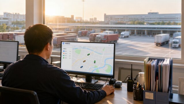 Logistics manager monitoring truck fleet from warehouse office