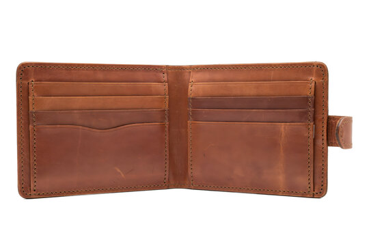 Open brown leather bifold wallet with multiple card slots and stitching details isolated on a transparent background