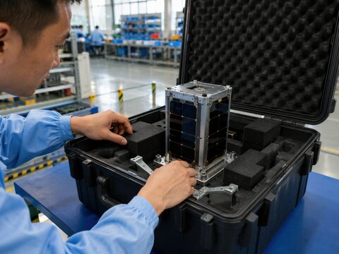 Engineer handling small satellite in protective case at aerospace lab