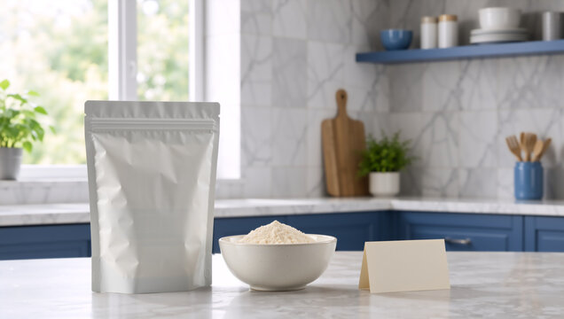 White packaging pouch and bowl of powder on kitchen counter. Blank product mockup with card. Copy space for text