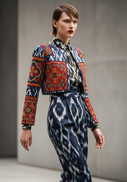 women are walking down a runway wearing colorful and patterned clothing. Scene is lively and vibrant, with the women showcasing their unique and eye-catching outfits