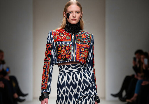 women are walking down a runway wearing colorful and patterned clothing. Scene is lively and vibrant, with the women showcasing their unique and eye-catching outfits