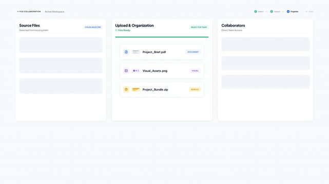 Minimalist user interface design showcasing a digital file collaboration workspace with organized document upload panels for software application development projects