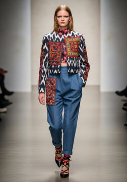women are walking down a runway wearing colorful and patterned clothing. Scene is lively and vibrant, with the women showcasing their unique and eye-catching outfits