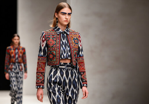 women are walking down a runway wearing colorful and patterned clothing. Scene is lively and vibrant, with the women showcasing their unique and eye-catching outfits