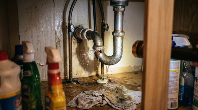Leaking sink pipe with water spraying and cleaning supplies nearby