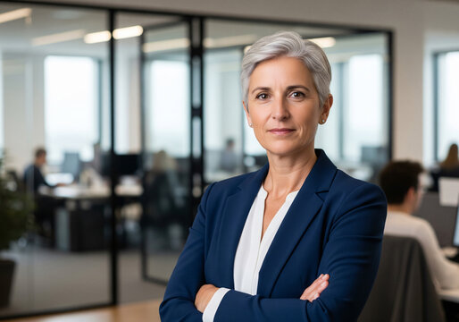 Confident mature female manager with short grey hair holding digital tablet in bright office corridor, smiling middle aged businesswoman looking away, corporate leader career portrait