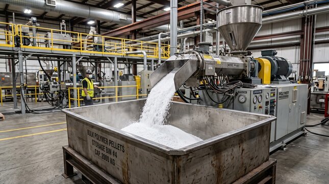 Industrial polymer processing plant with pellets being discharged into a storage bin