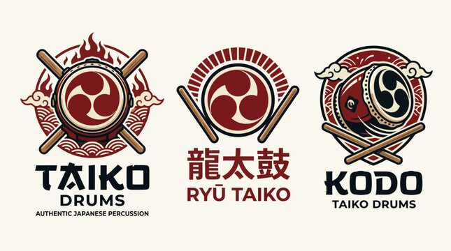 Three premium Japanese Taiko drum and percussion logo designs.