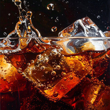 Refreshing dark soda splash with ice cubes and fizzing bubbles
