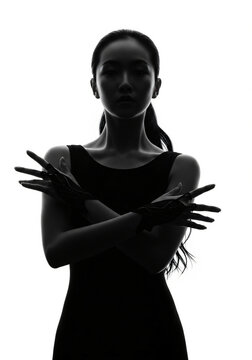 Asian female portrait, black and white beauty, medium long shot, candid face, short hair, dark background, studio lighting