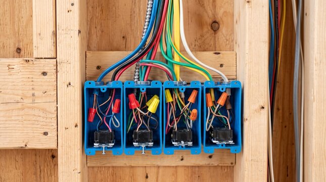 Residential electrical wiring installation with colorful wires connected in blue junction boxes inside wooden wall framing