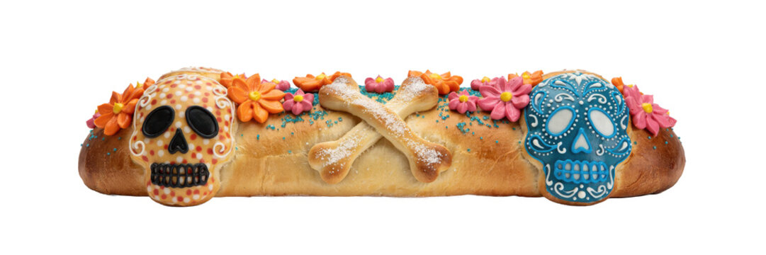 Pan de muerto bread decorated with sugar skulls, crossbones, and colorful flowers for day of the dead celebration isolated on a transparent background