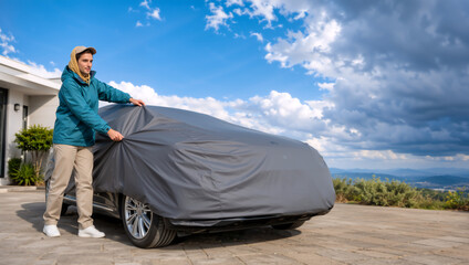 Naklejka premium Young man putting a grey protective cover on a car. Vehicle maintenance and protection against weather. Outdoor driveway scene