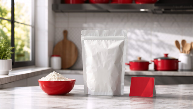 Blank white stand up pouch mockup on a marble kitchen counter. Food packaging template with red bowl of powder and blank card