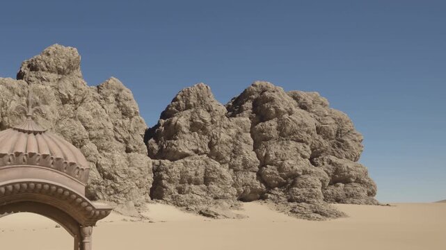 Rock formations stand tall in a desert. The bright sun shines down. Sand stretches out in all directions. The scene shows a dry, natural environment with no signs of life.