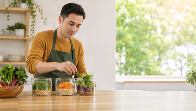 Young man preparing healthy layered salads in glass jars in a bright kitchen. Male chef in green apron making nutritious meal prep. Healthy lifestyle and clean eating concept