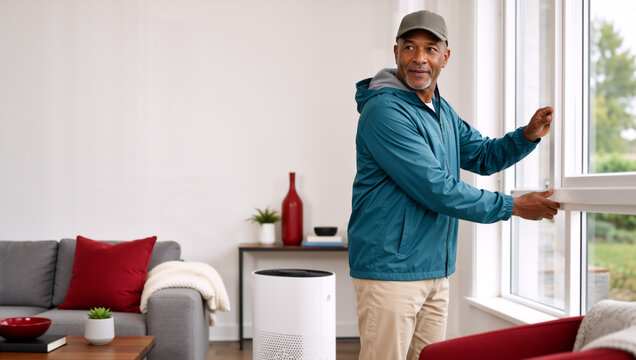 Mature Black man opening a window in a modern living room. Senior male improving indoor air quality with home ventilation. Air purifier in background