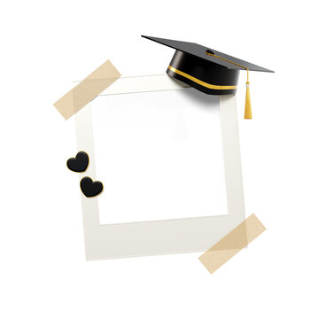 Empty photo frame with graduation cap and heart icons isolated on white background