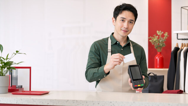 Smiling Asian male shop assistant holding blank white card and payment terminal at checkout counter. Small business retail store concept. Copy space for text